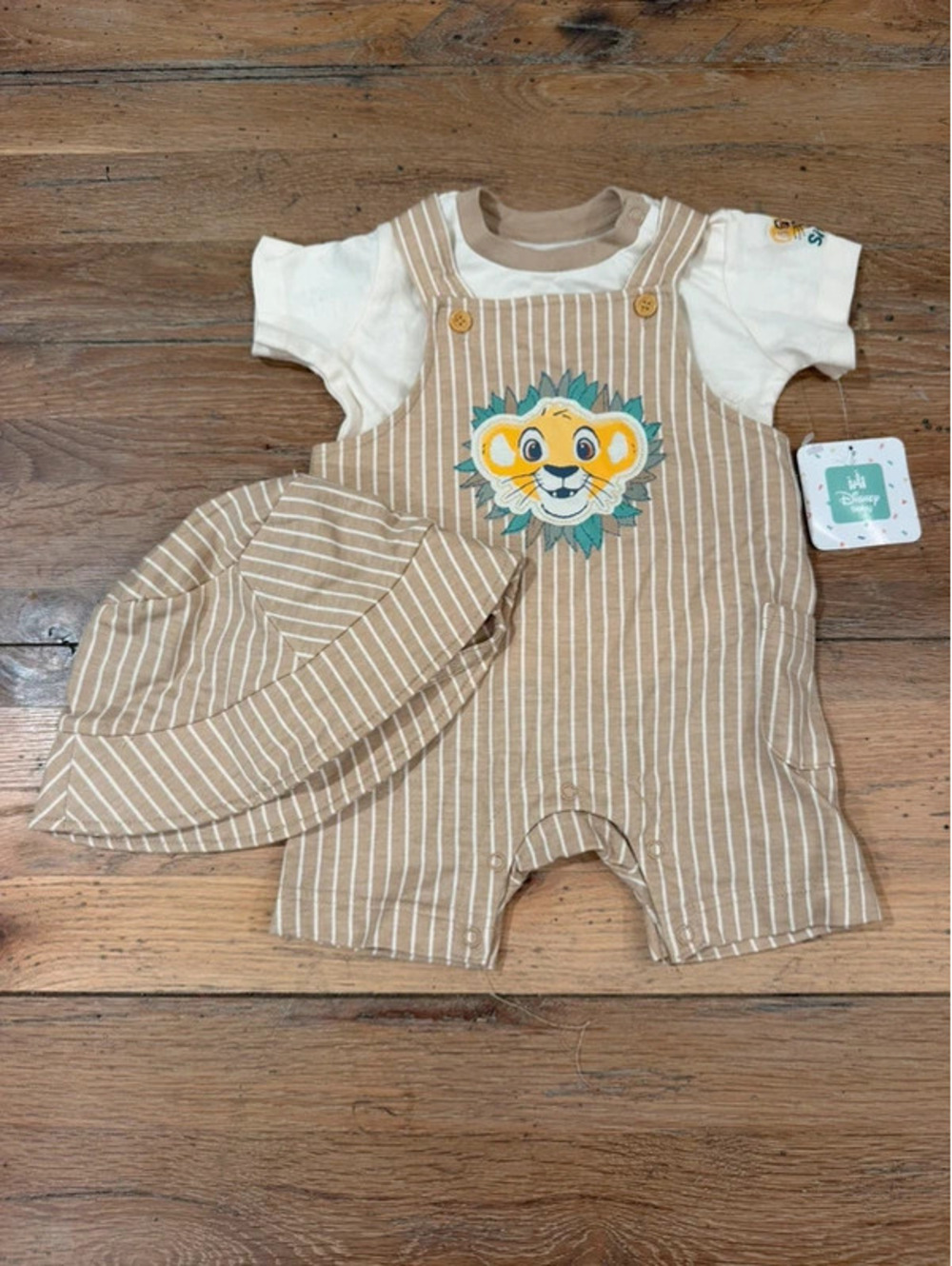 Disney Lion King Baby Simba Striped Overalls, Bodysuit, & Sun Hat Set Size 12m